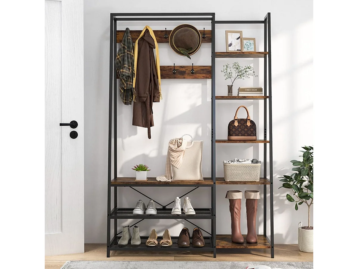 5 in 1 Garderobenständer mit Schuhbank & 9 Haken & 5 Seitenablagen & 2 Gitterregalen