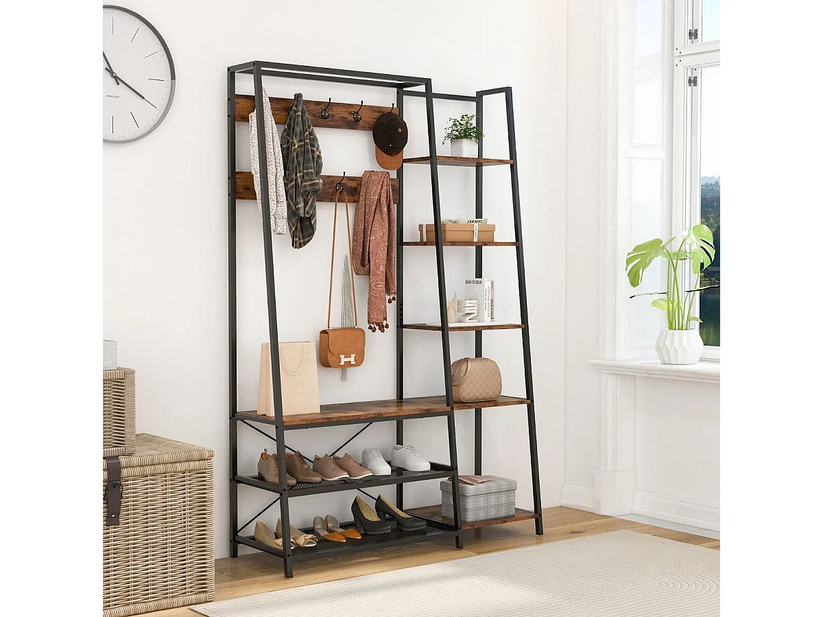 5 in 1 Garderobenständer mit Schuhbank & 9 Haken & 5 Seitenablagen & 2 Gitterregalen