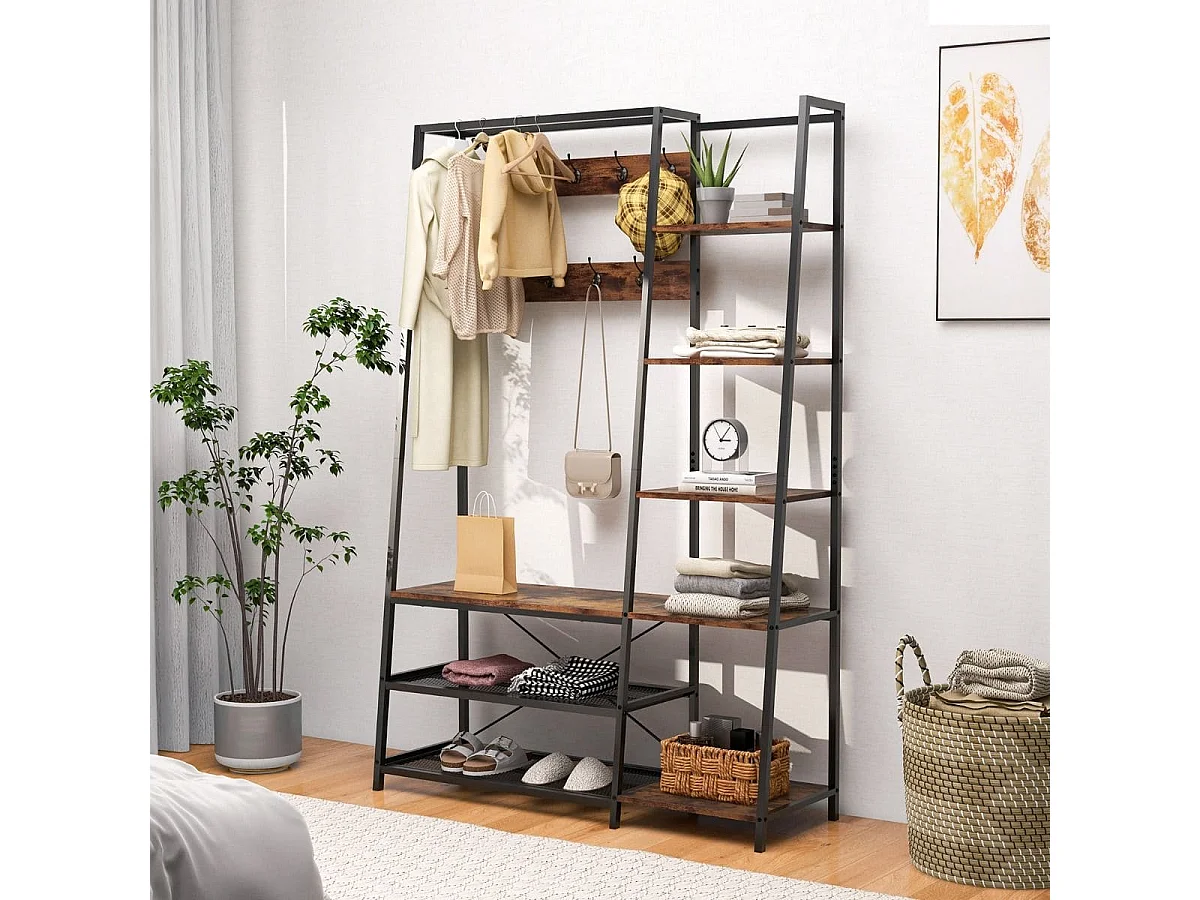 5 in 1 Garderobenständer mit Schuhbank & 9 Haken & 5 Seitenablagen & 2 Gitterregalen