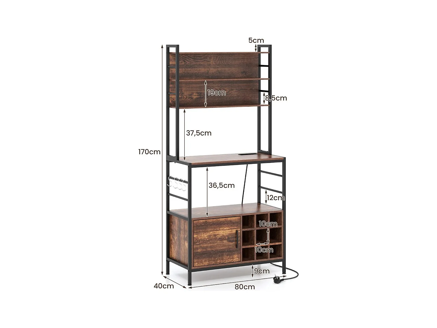 Scaffale da cucina da 170 cm con presa elettrica, Mobile per bar del caffè con ganci a S e supporti per bottiglie di vino Marrone Rustico