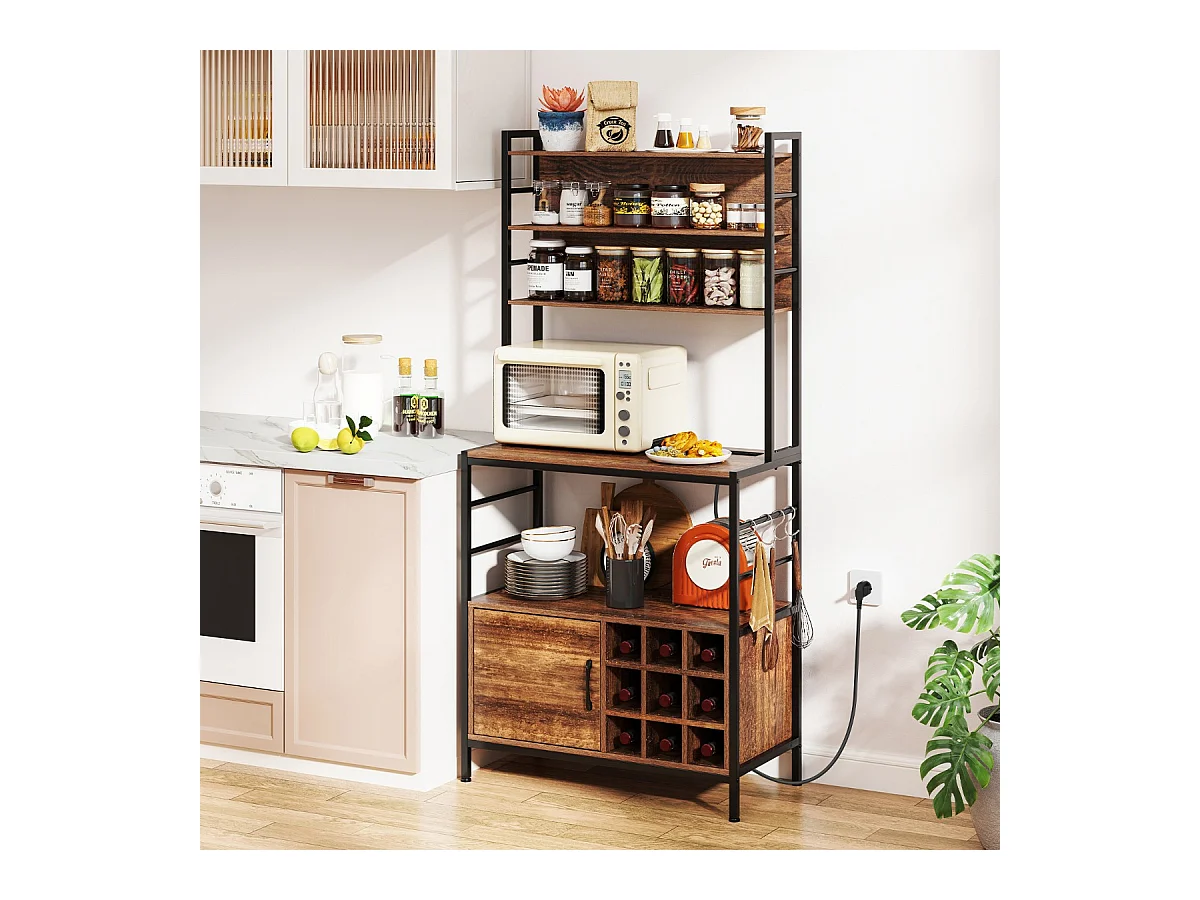 Scaffale da cucina da 170 cm con presa elettrica, Mobile per bar del caffè con ganci a S e supporti per bottiglie di vino Marrone Rustico