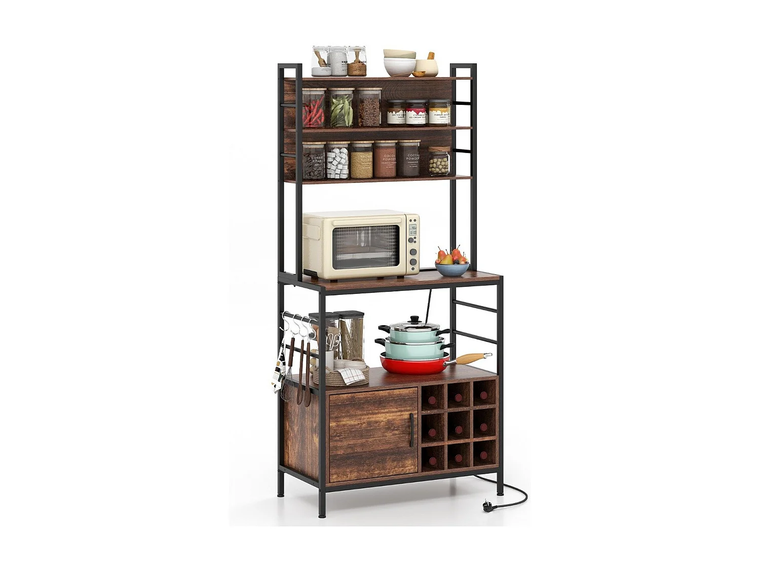 Scaffale da cucina da 170 cm con presa elettrica, Mobile per bar del caffè con ganci a S e supporti per bottiglie di vino Marrone Rustico