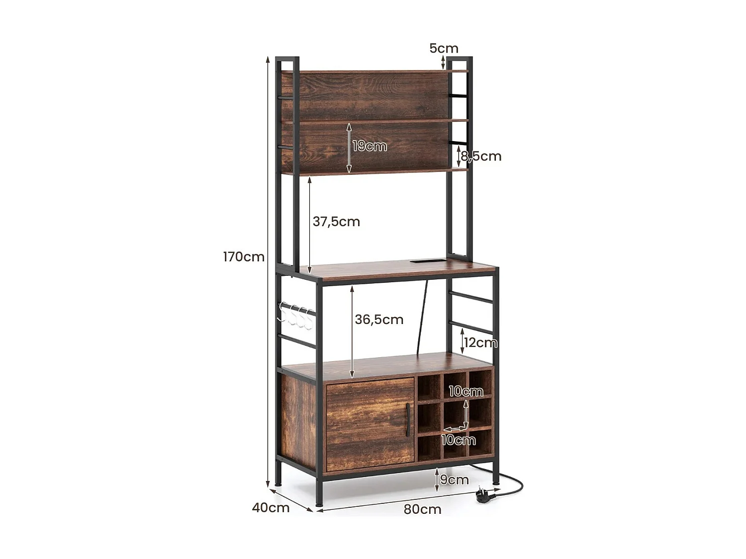 Scaffale da cucina da 170 cm con presa elettrica, Mobile per bar del caffè con ganci a S e supporti per bottiglie di vino Marrone Rustico