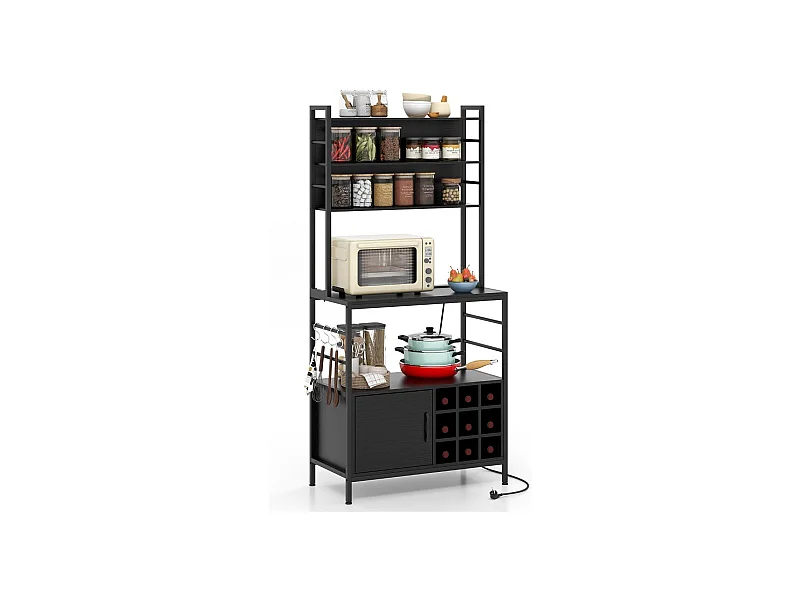 Scaffale da cucina da 170 cm con presa elettrica, Mobile per bar del caffè con ganci a S e supporti per bottiglie di vino Nero