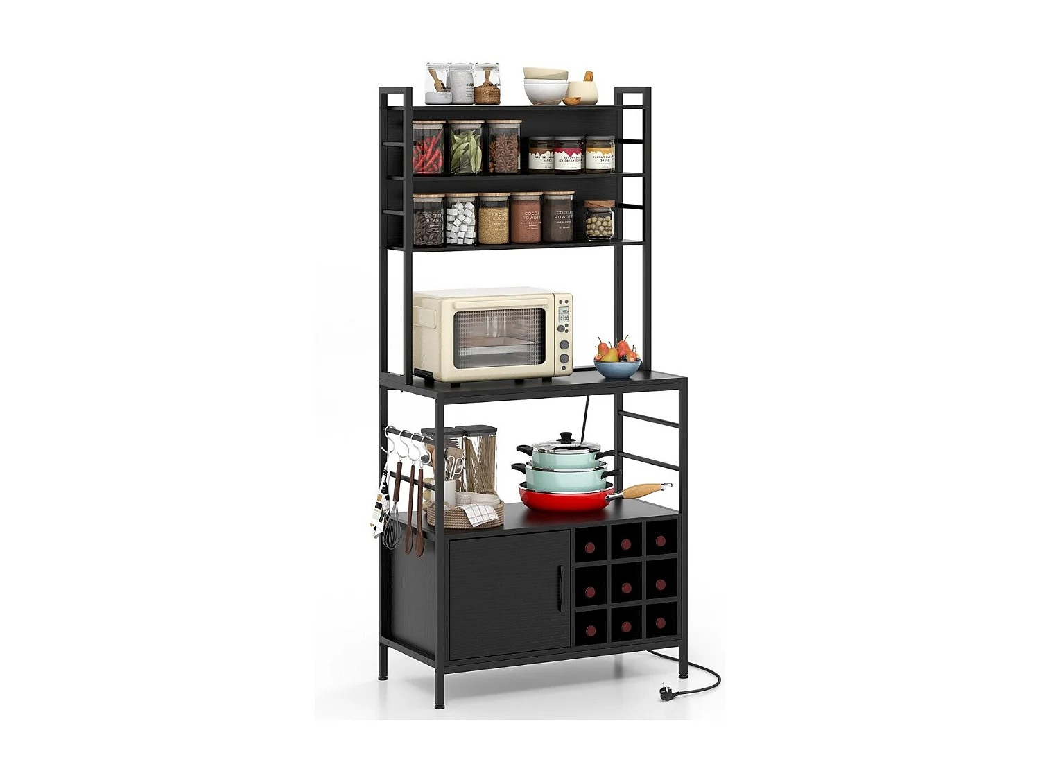 Scaffale da cucina da 170 cm con presa elettrica, Mobile per bar del caffè con ganci a S e supporti per bottiglie di vino Nero