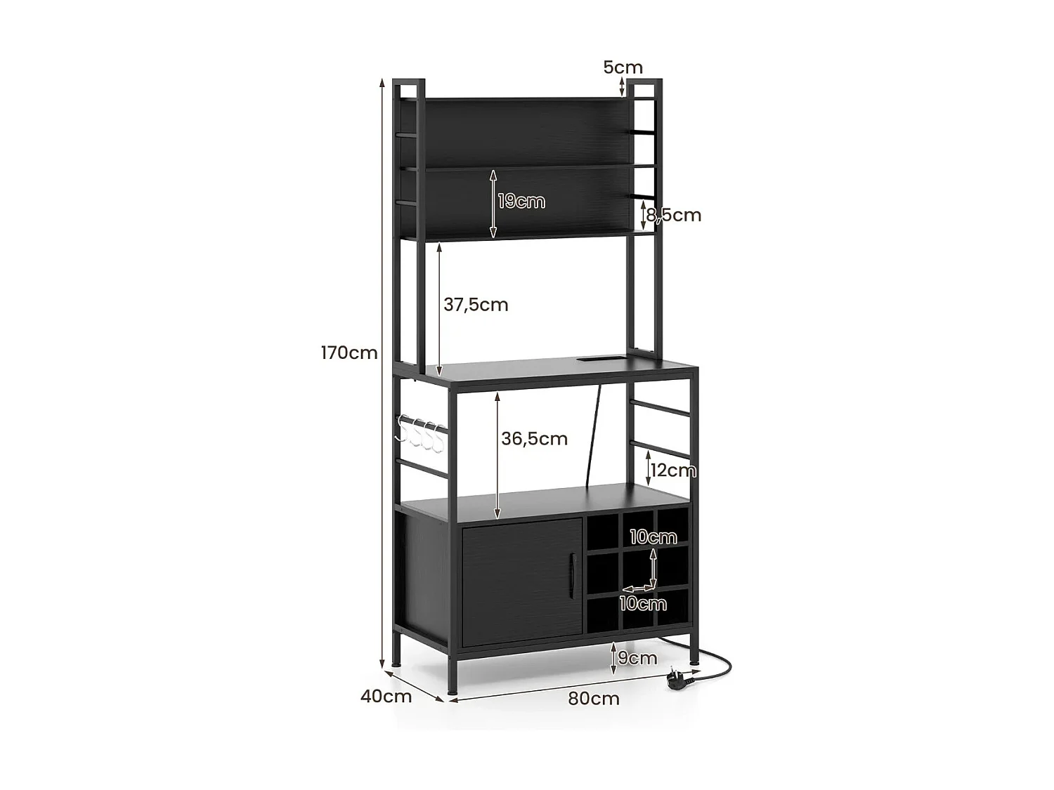 Scaffale da cucina da 170 cm con presa elettrica, Mobile per bar del caffè con ganci a S e supporti per bottiglie di vino Nero