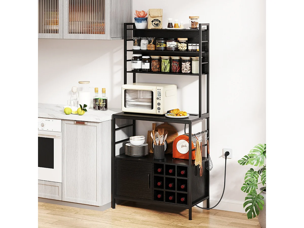 Scaffale da cucina da 170 cm con presa elettrica, Mobile per bar del caffè con ganci a S e supporti per bottiglie di vino Nero