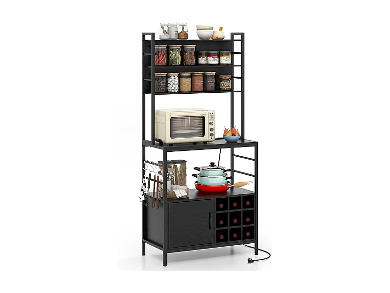 Scaffale da cucina da 170 cm con presa elettrica, Mobile per bar del caffè con ganci a S e supporti per bottiglie di vino Nero