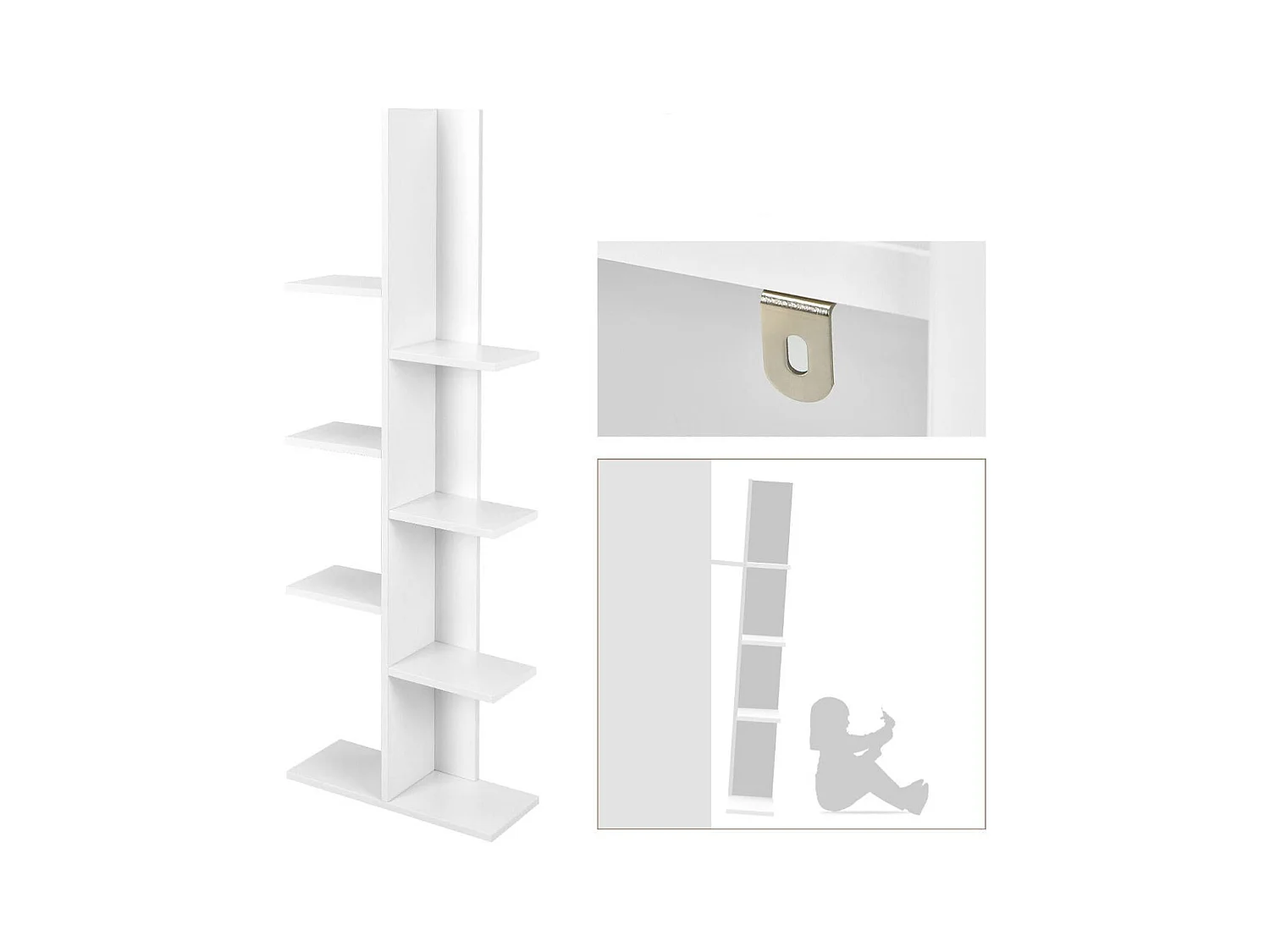 Bücherregal in Baumform mit 8 Ablagen Freistehendes Standregal Büroregal 50 x 20 x 141 cm Weiß