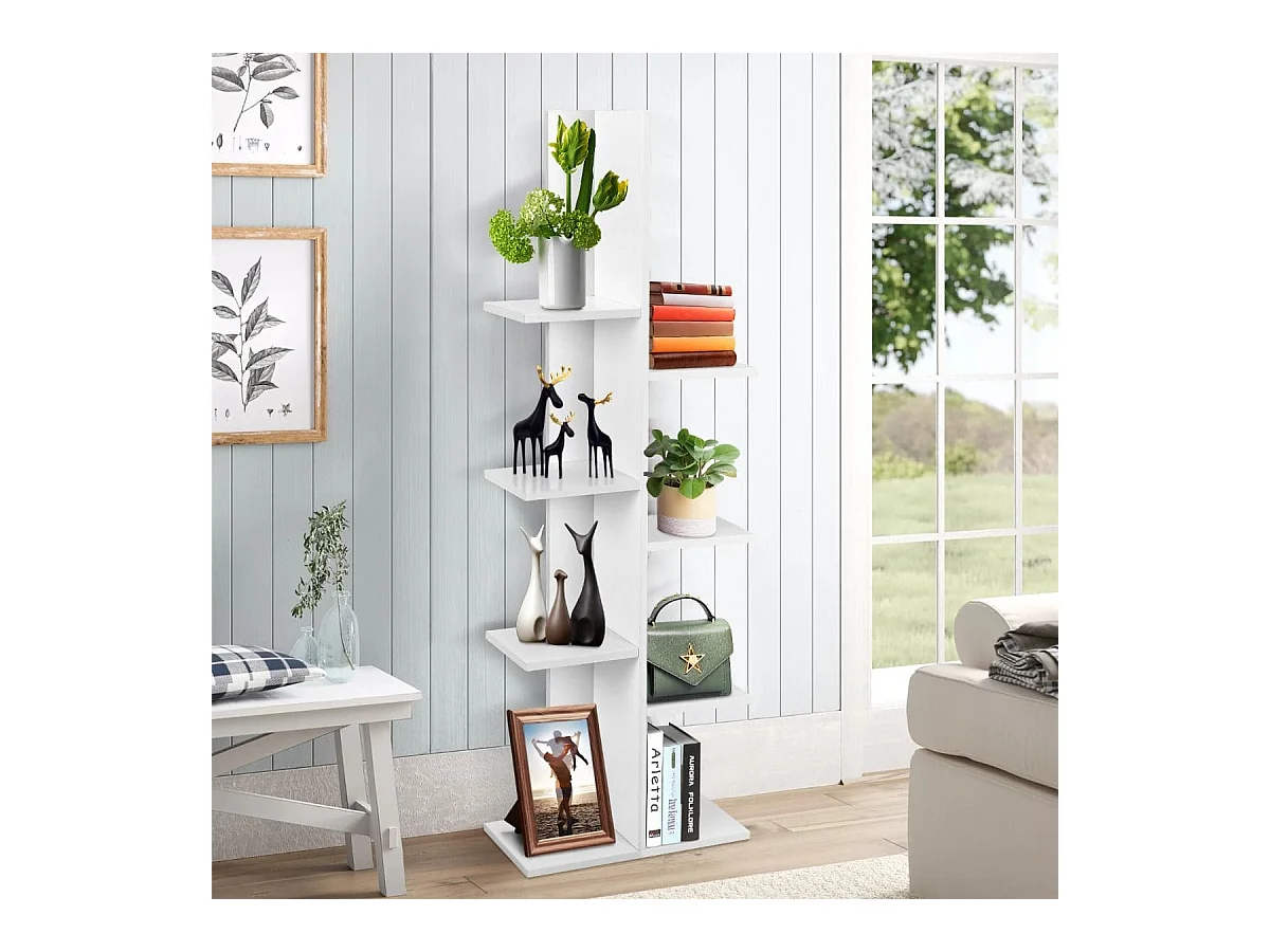 Bücherregal in Baumform mit 8 Ablagen Freistehendes Standregal Büroregal 50 x 20 x 141 cm Weiß