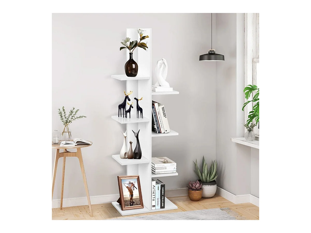 Bücherregal in Baumform mit 8 Ablagen Freistehendes Standregal Büroregal 50 x 20 x 141 cm Weiß
