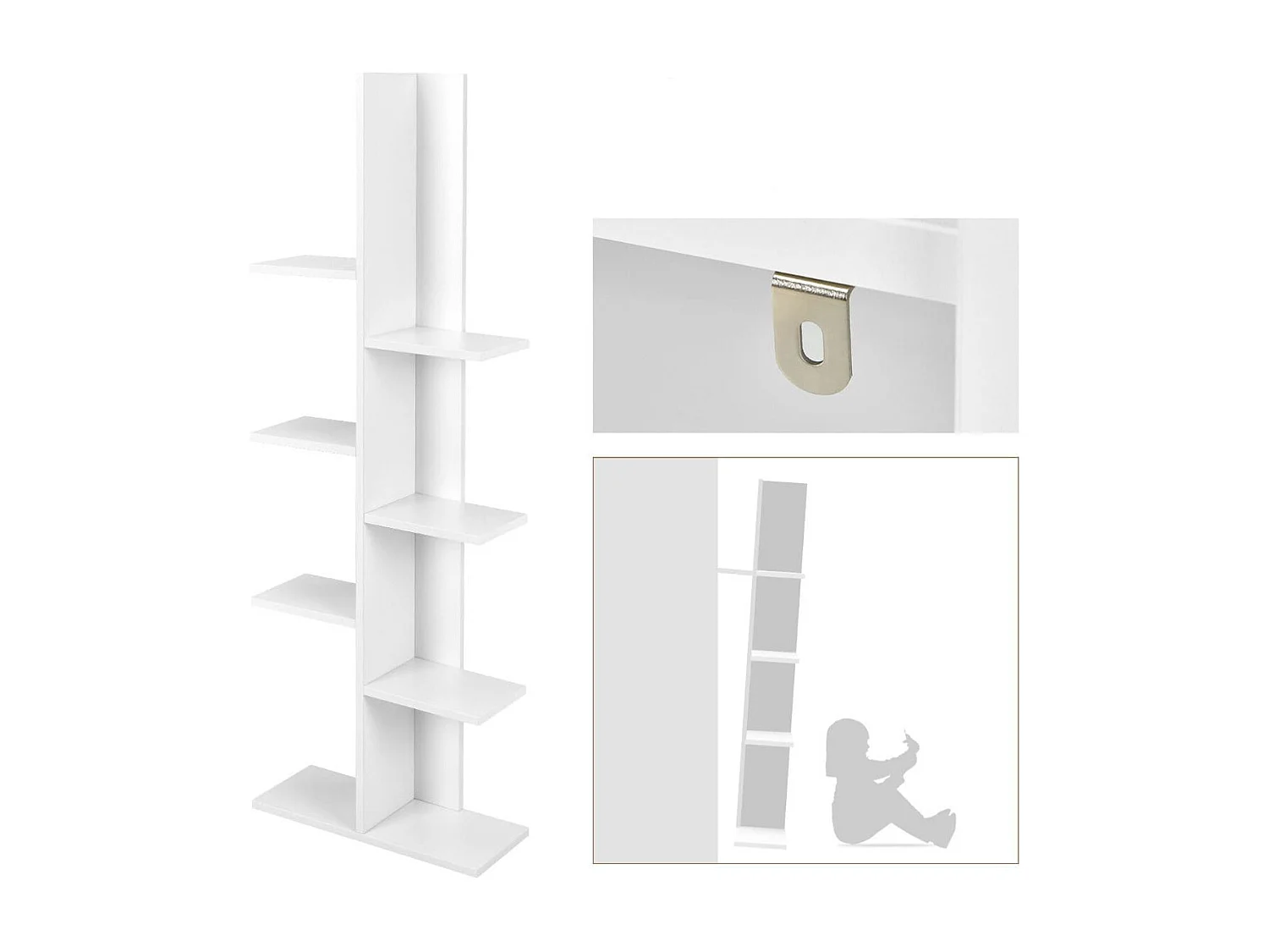 Libreria ad albero autoportante a 8 ripiani in legno, Stand espositivo multifunzionale per libri e piante Bianco