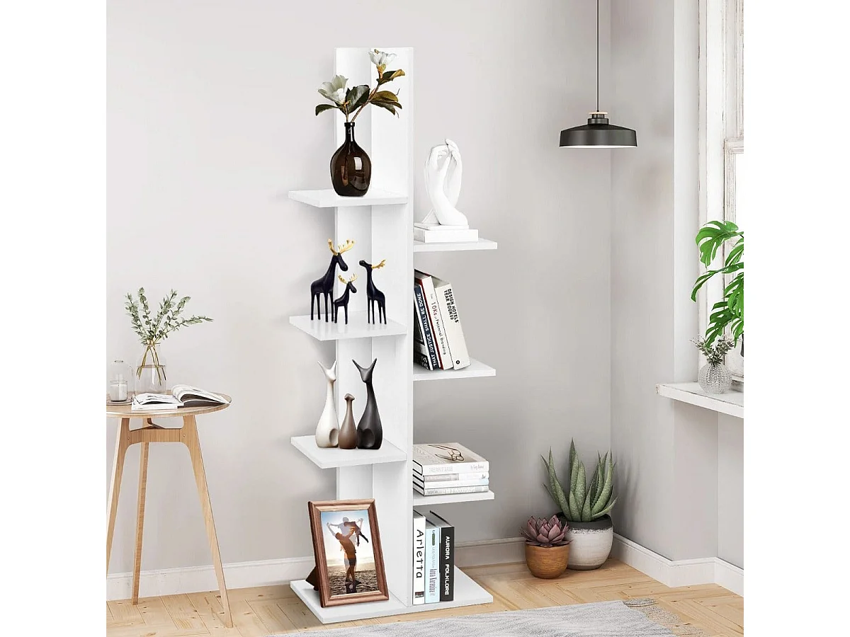 Libreria ad albero autoportante a 8 ripiani in legno, Stand espositivo multifunzionale per libri e piante Bianco