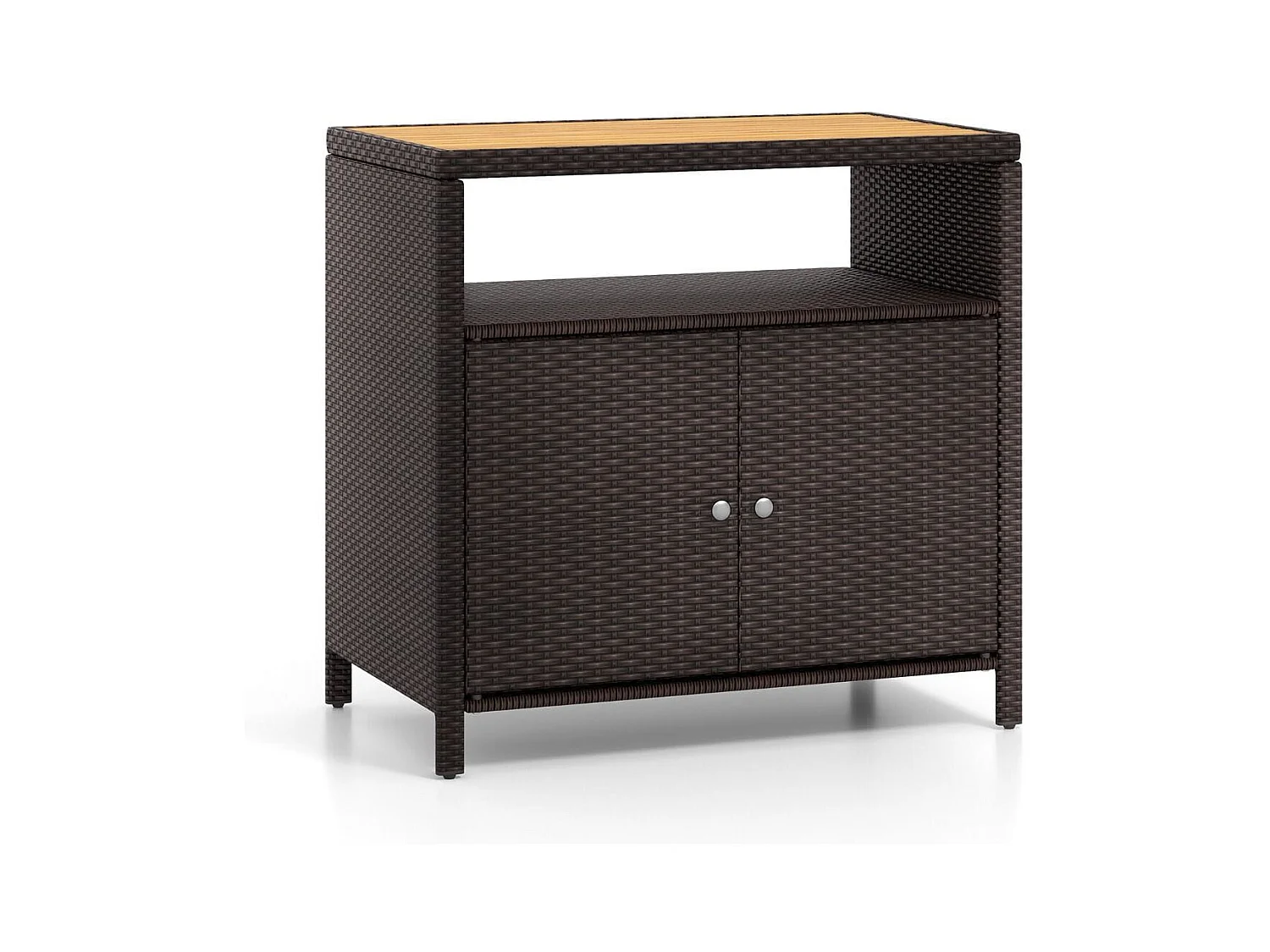 Armadietto portaoggetti in rattan con piano in legno di acacia, Mobile buffet per esterni con armadio a 2 ante Marrone