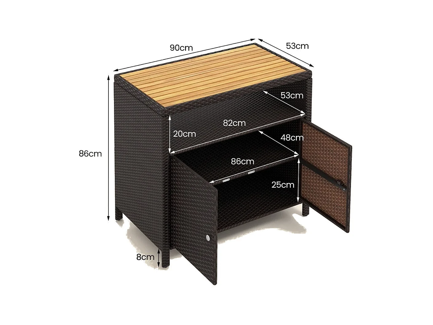 Armadietto portaoggetti in rattan con piano in legno di acacia, Mobile buffet per esterni con armadio a 2 ante Marrone