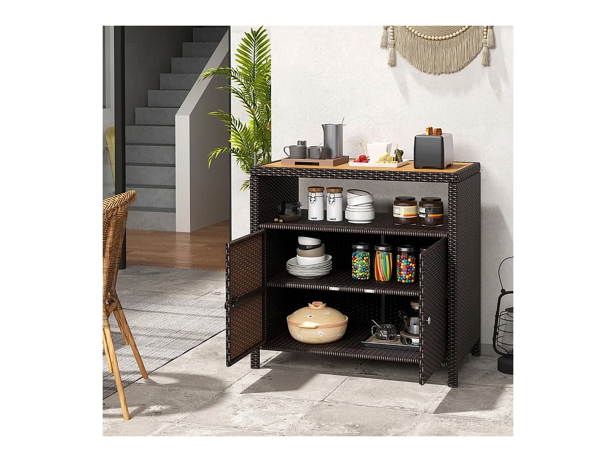 Armadietto portaoggetti in rattan con piano in legno di acacia, Mobile buffet per esterni con armadio a 2 ante Marrone