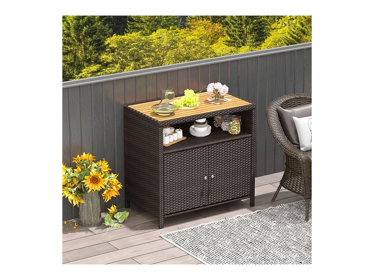 Armadietto portaoggetti in rattan con piano in legno di acacia, Mobile buffet per esterni con armadio a 2 ante Marrone