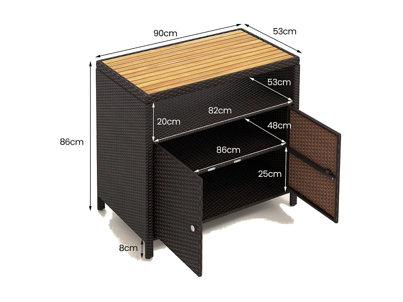 Armadietto portaoggetti in rattan con piano in legno di acacia, Mobile buffet per esterni con armadio a 2 ante Marrone