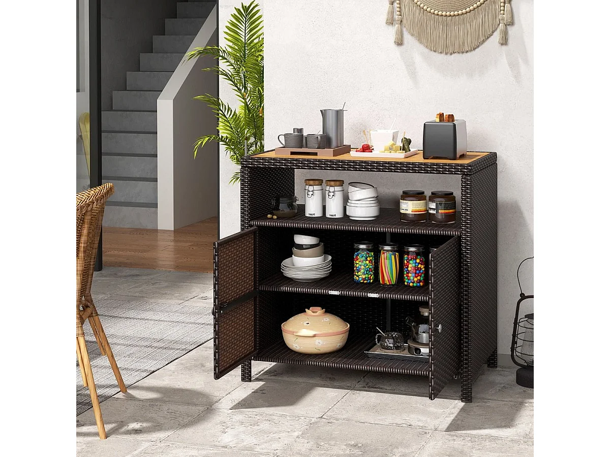 Armadietto portaoggetti in rattan con piano in legno di acacia, Mobile buffet per esterni con armadio a 2 ante Marrone