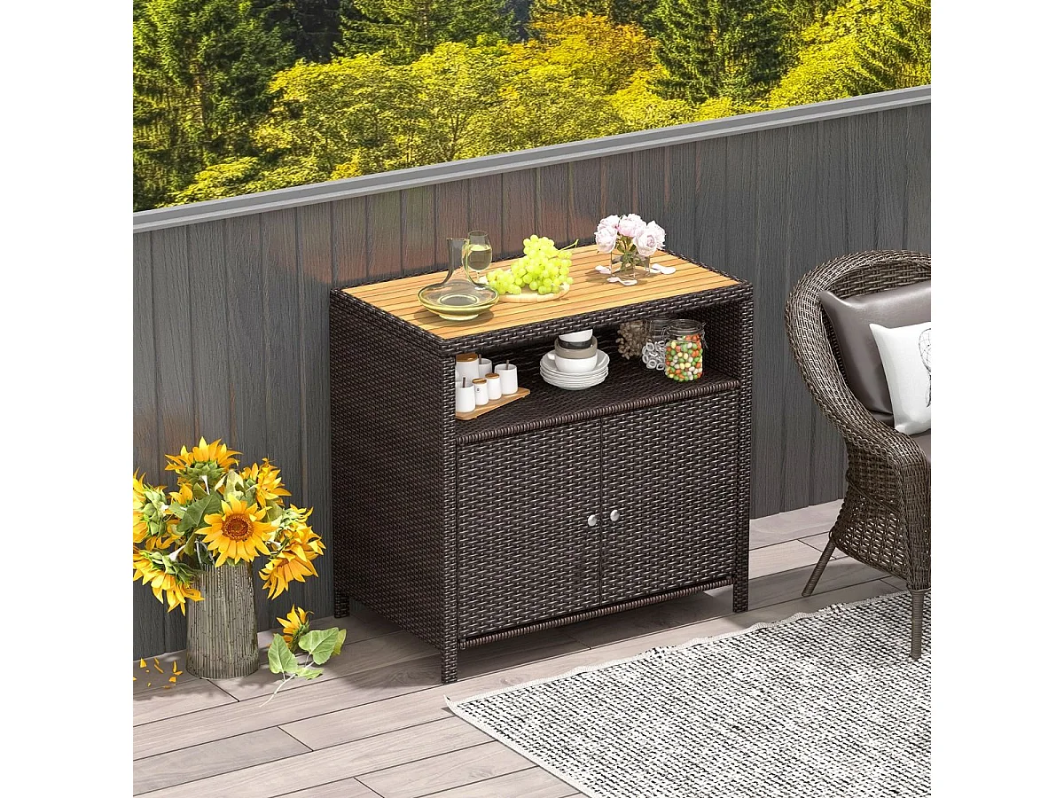 Armadietto portaoggetti in rattan con piano in legno di acacia, Mobile buffet per esterni con armadio a 2 ante Marrone