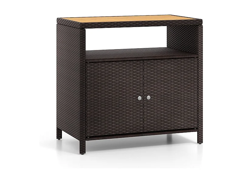 Armadietto portaoggetti in rattan con piano in legno di acacia, Mobile buffet per esterni con armadio a 2 ante Marrone