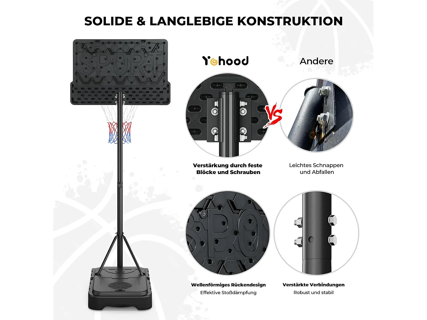 Panier de Basketball pour Enfants Yohood, Réglable en Hauteur 110-210 cm, Panier de Basketball Portable Intérieur/Extérieur, Noir