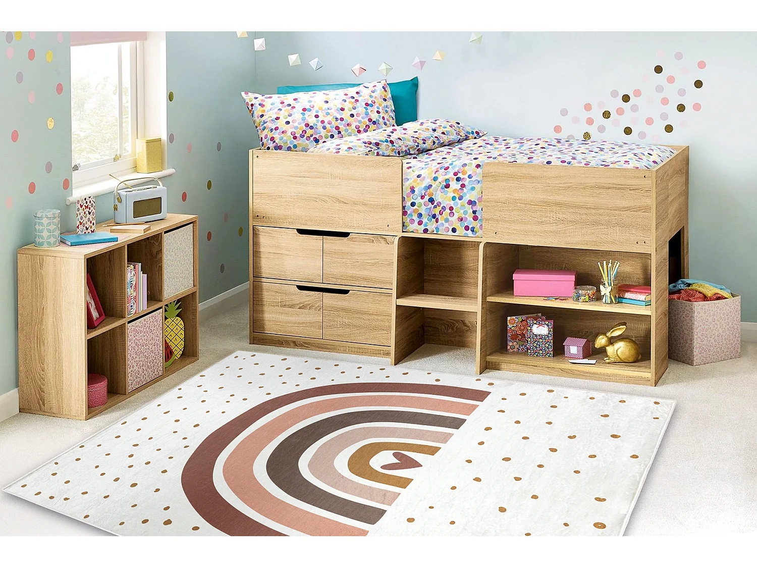 Dywan do prania BAMBINO 46960 Tęcza, kropki dla dzieci, antypoślizgo 200x290 cm