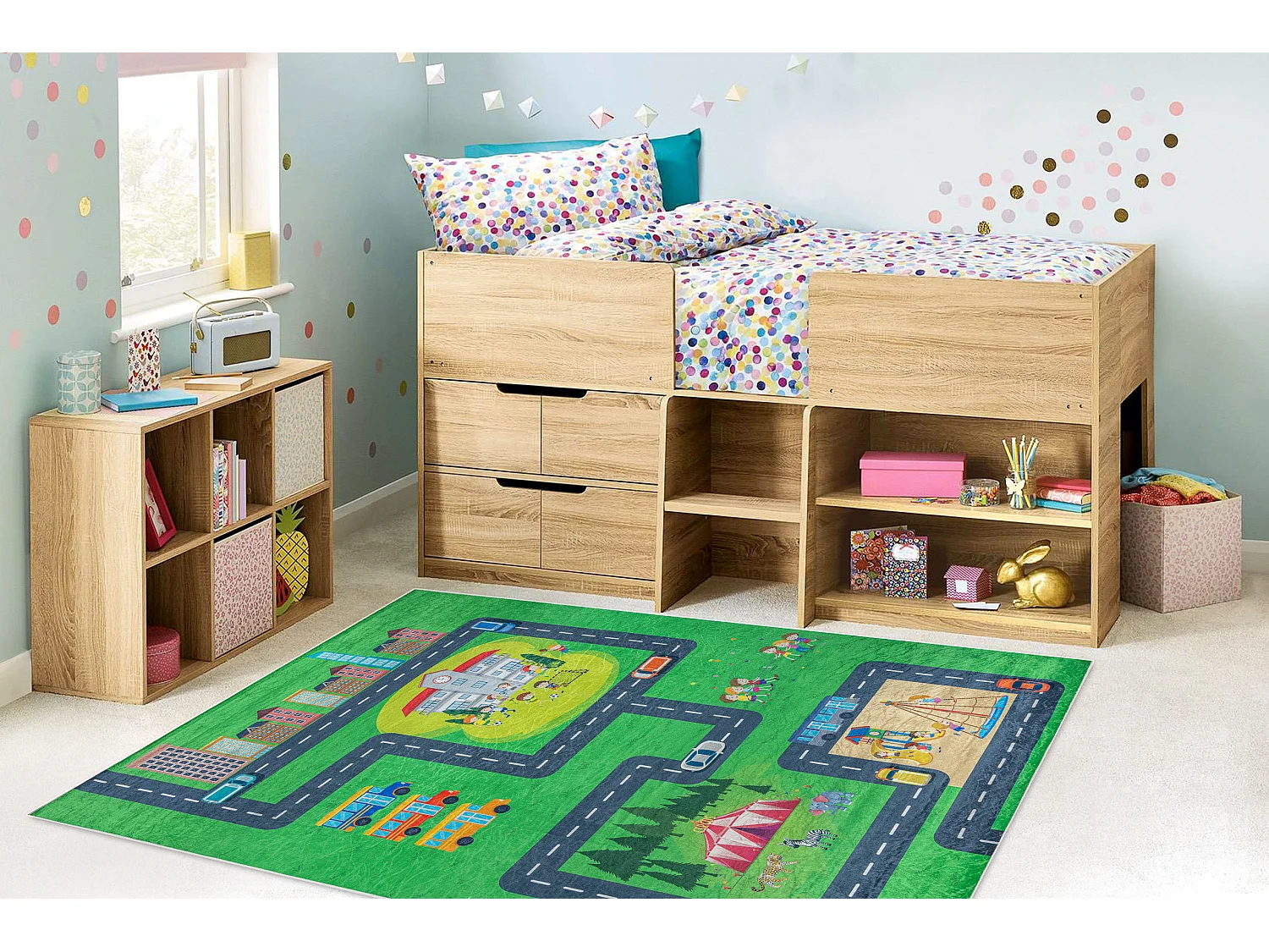 BAMBINO 2660 tapijt wasbaar Stad dieren voor kinderen antislip - groen 80x150 cm