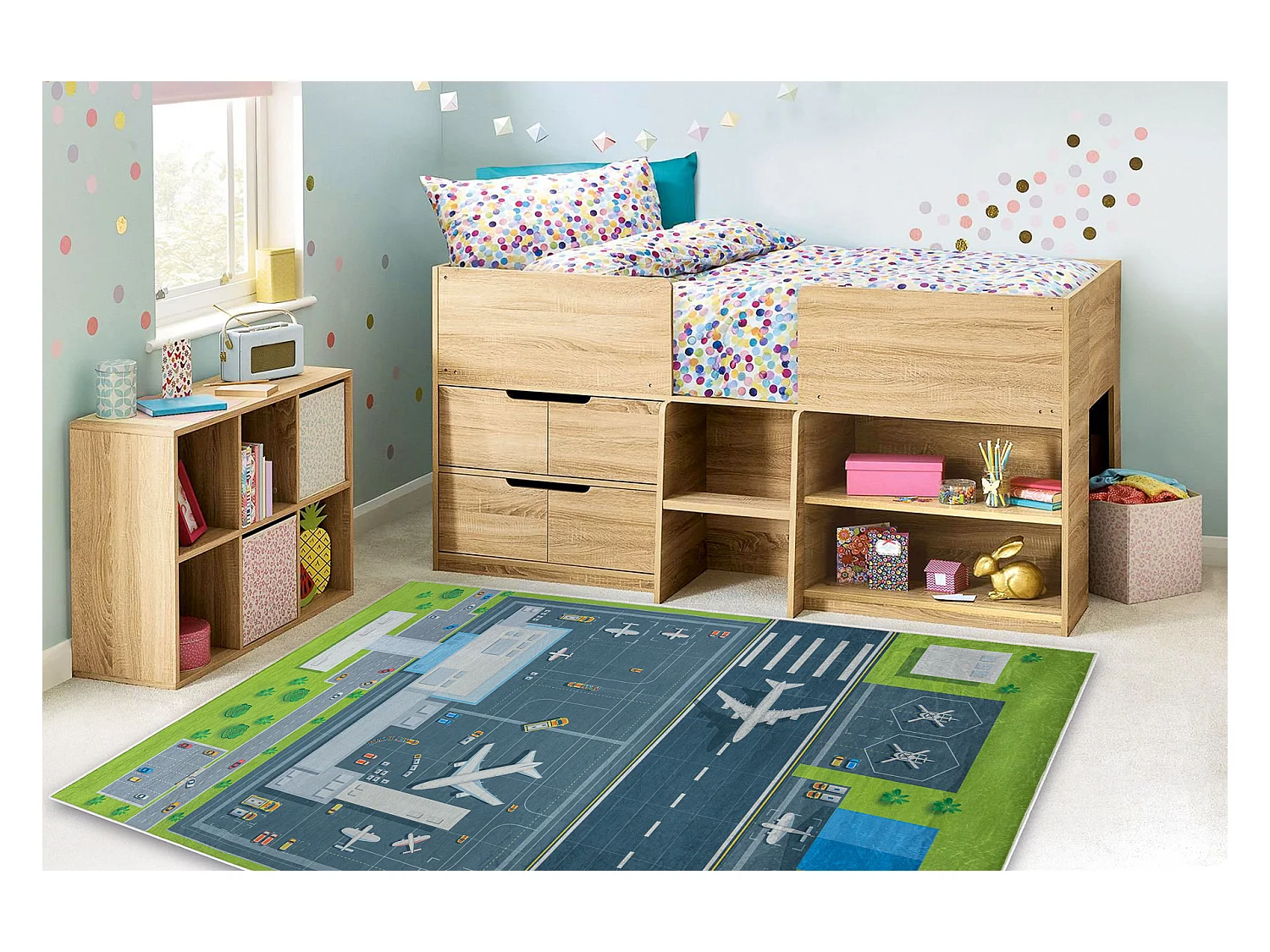 BAMBINO 46990 Waschteppich Flughafen, Flugzeuge für Kinder Anti-Rutsc 160x220 cm