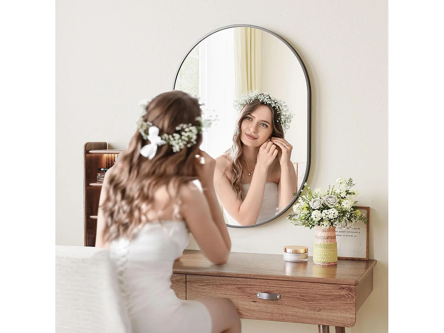 Dripex Miroir Mural 70x50cm Ovale Miroir de Maquillage avec Cadre en Alliage dAluminium Miroir de Dcoration pour Entre Chambre Sal