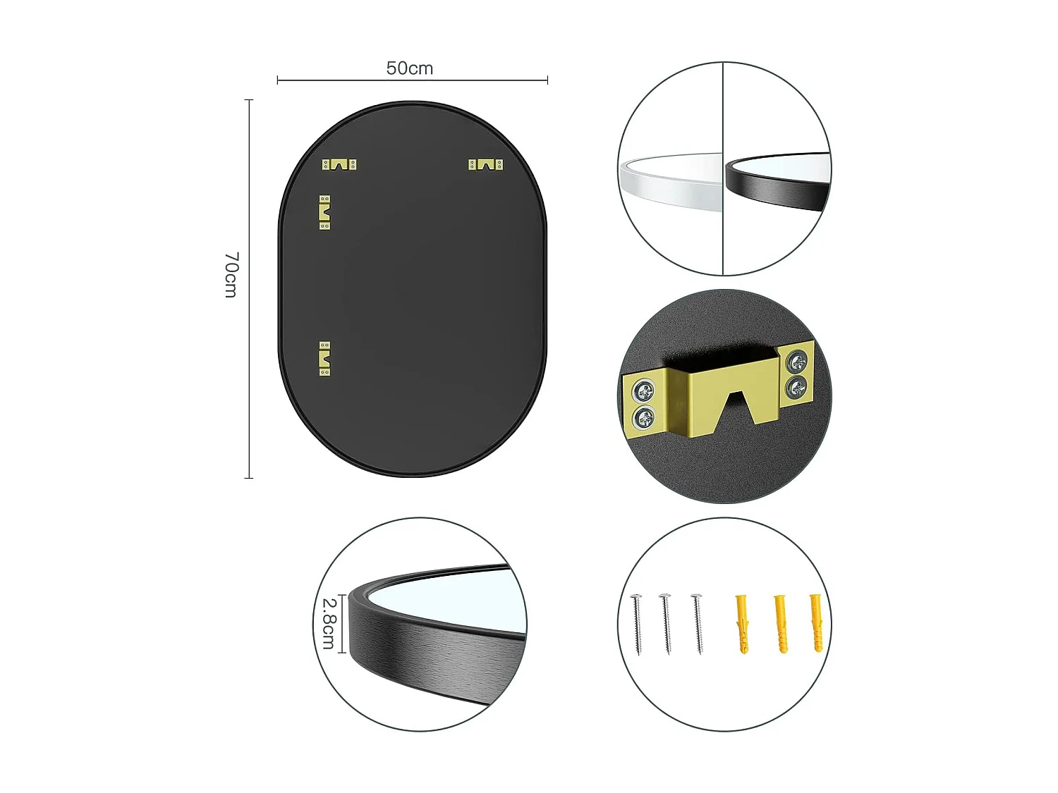 Dripex Miroir Mural 70x50cm Ovale Miroir de Maquillage avec Cadre en Alliage dAluminium Miroir de Dcoration pour Entre Chambre Sal