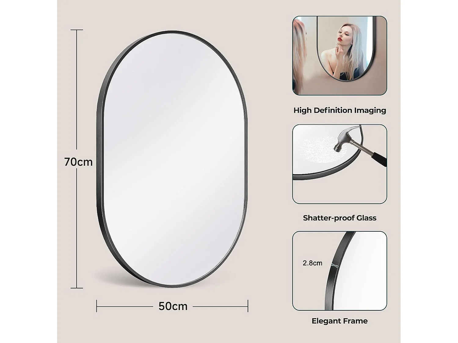 Dripex Miroir Mural 70x50cm Ovale Miroir de Maquillage avec Cadre en Alliage dAluminium Miroir de Dcoration pour Entre Chambre Sal