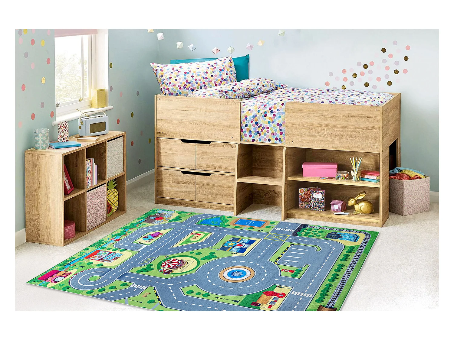 BAMBINO 9028 tapijt wasbaar Stad dieren voor kinderen antislip - groen 160x220 cm