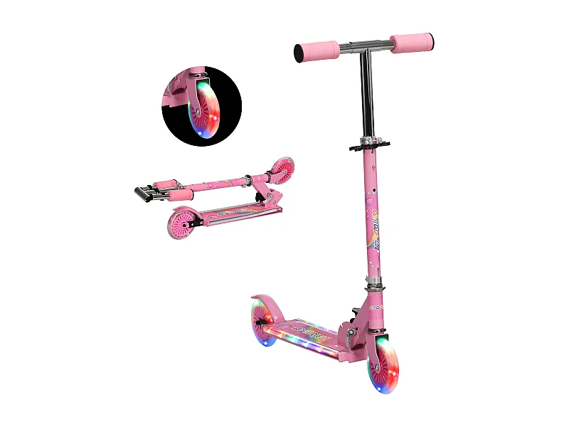 Trottinette pliable enfant à partir de 3 ans roues repose-pied LED frein à friction arrière hauteur guidon réglable 4 niv. métal rose