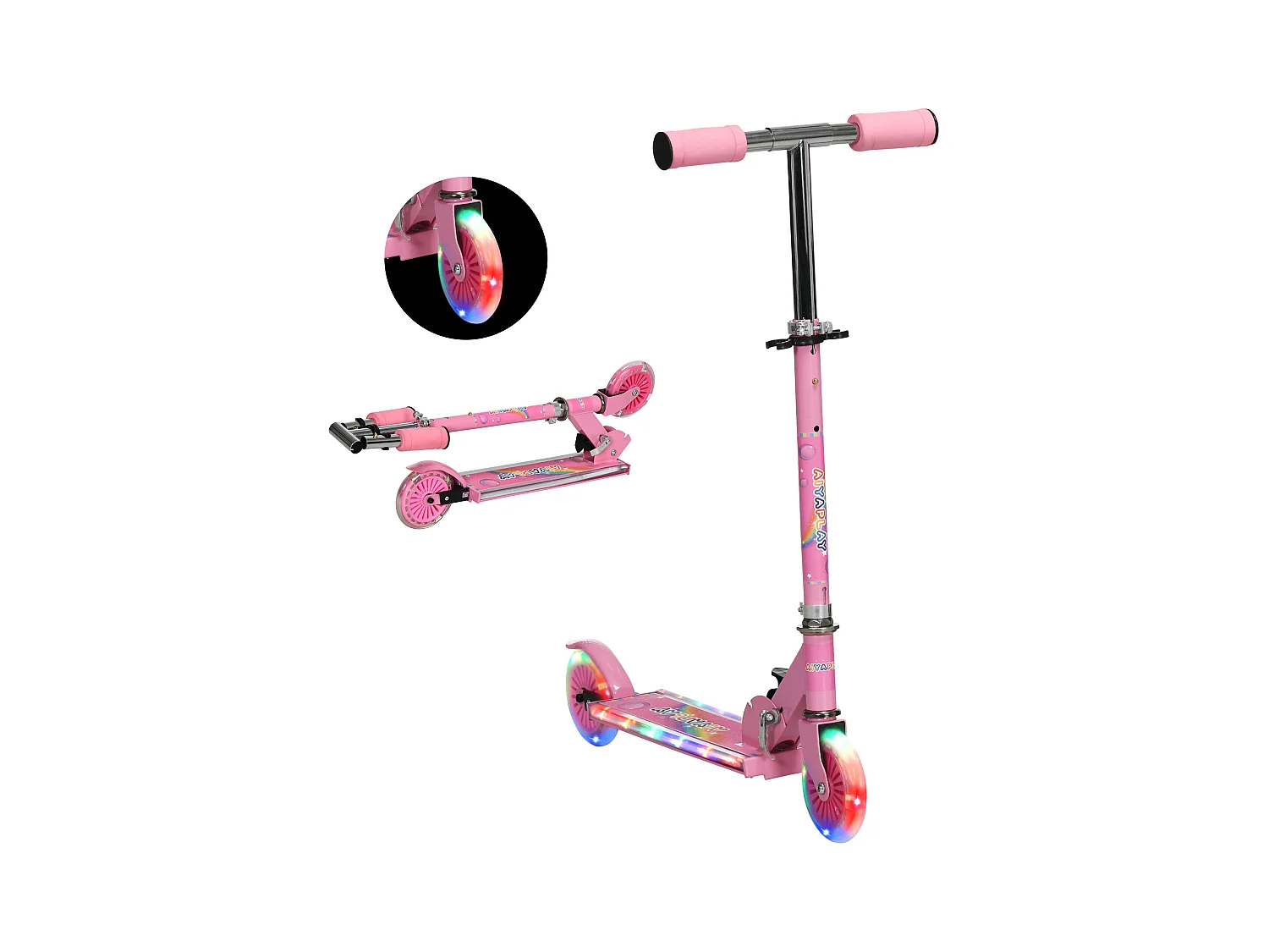 Trottinette pliable enfant à partir de 3 ans roues repose-pied LED frein à friction arrière hauteur guidon réglable 4 niv. métal rose