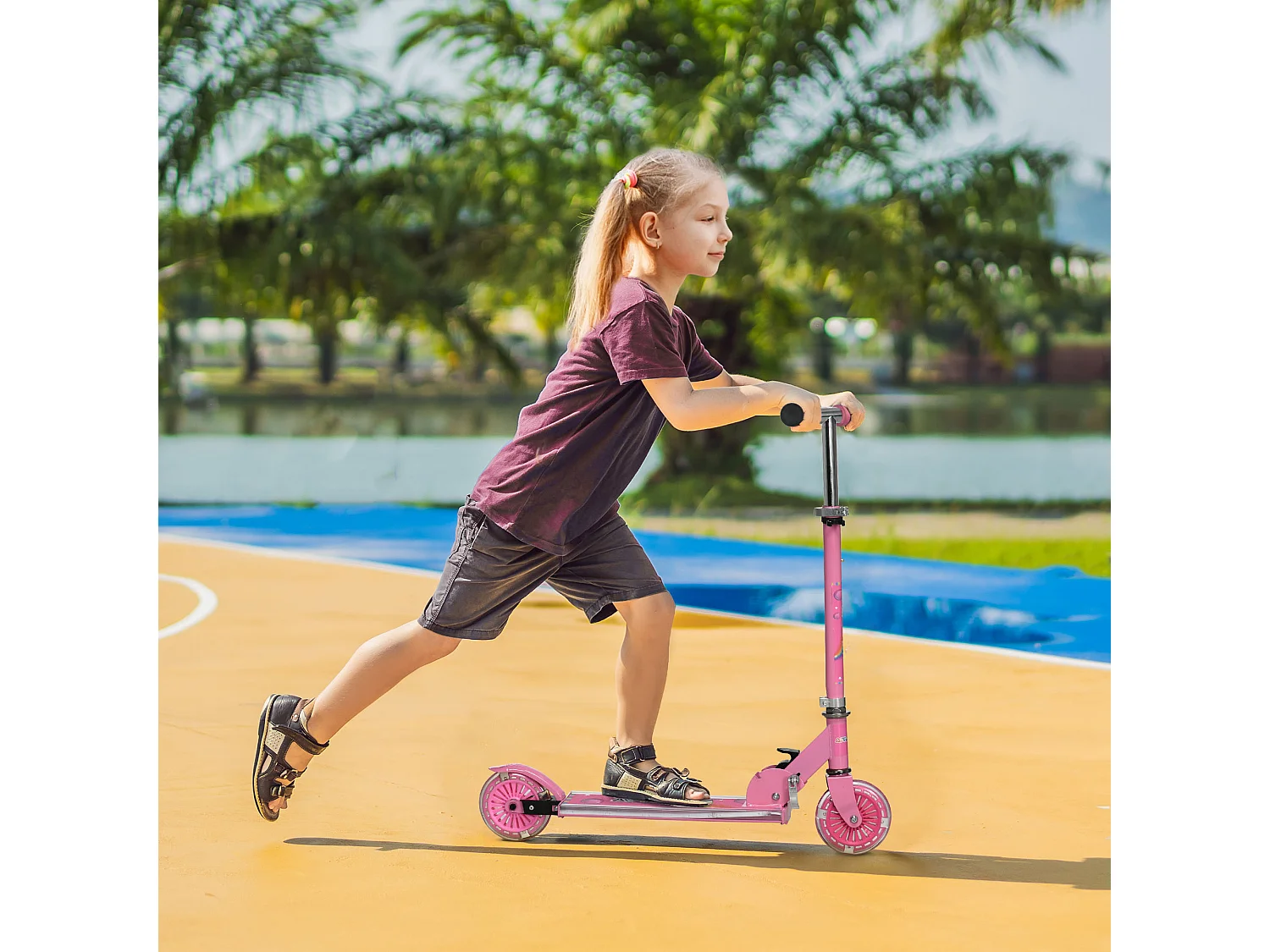 Trottinette pliable enfant à partir de 3 ans roues repose-pied LED frein à friction arrière hauteur guidon réglable 4 niv. métal rose