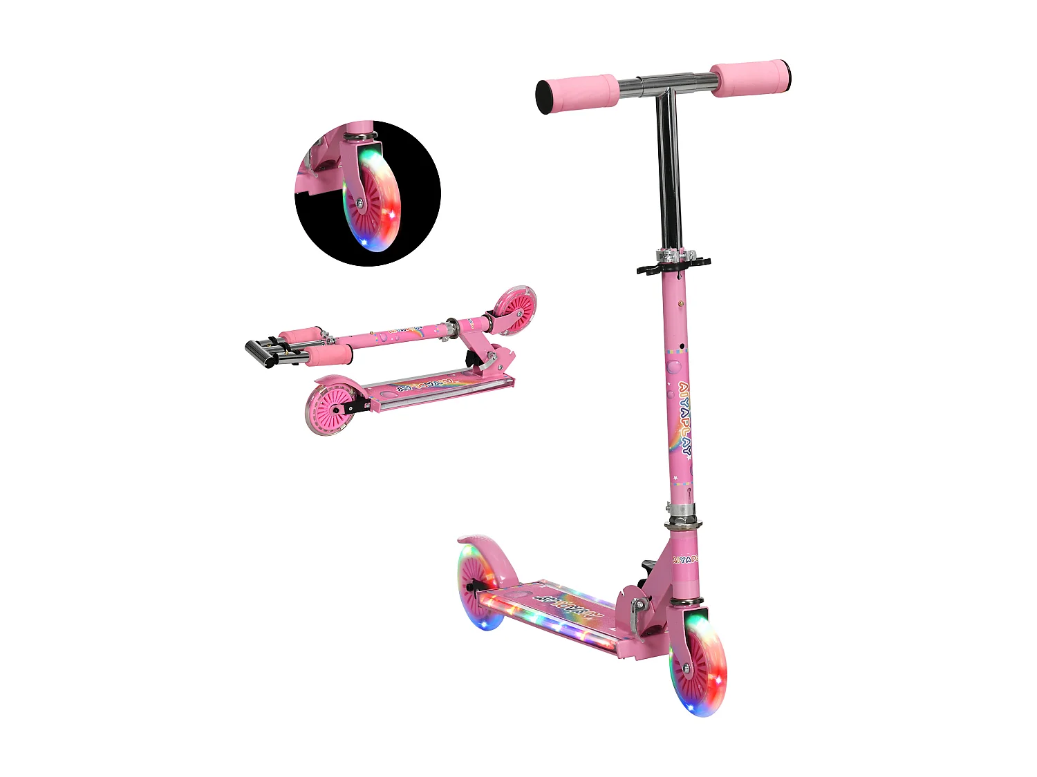 Trottinette pliable enfant à partir de 3 ans roues repose-pied LED frein à friction arrière hauteur guidon réglable 4 niv. métal rose