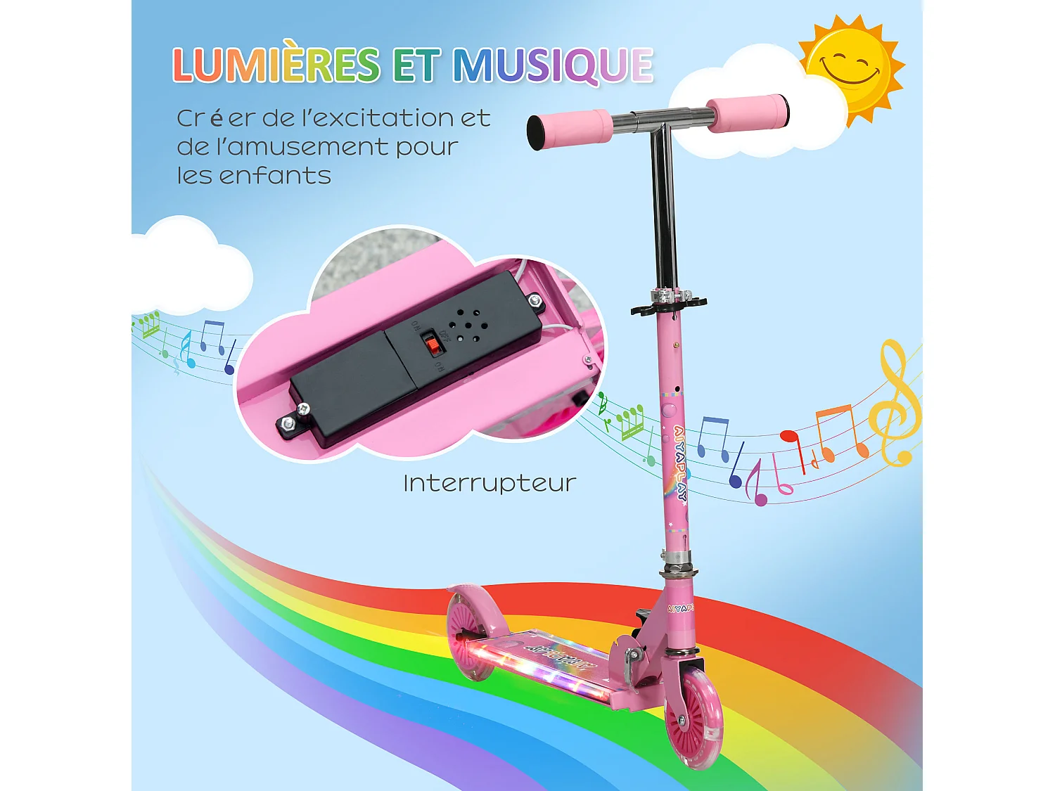 Trottinette pliable enfant à partir de 3 ans roues repose-pied LED frein à friction arrière hauteur guidon réglable 4 niv. métal rose