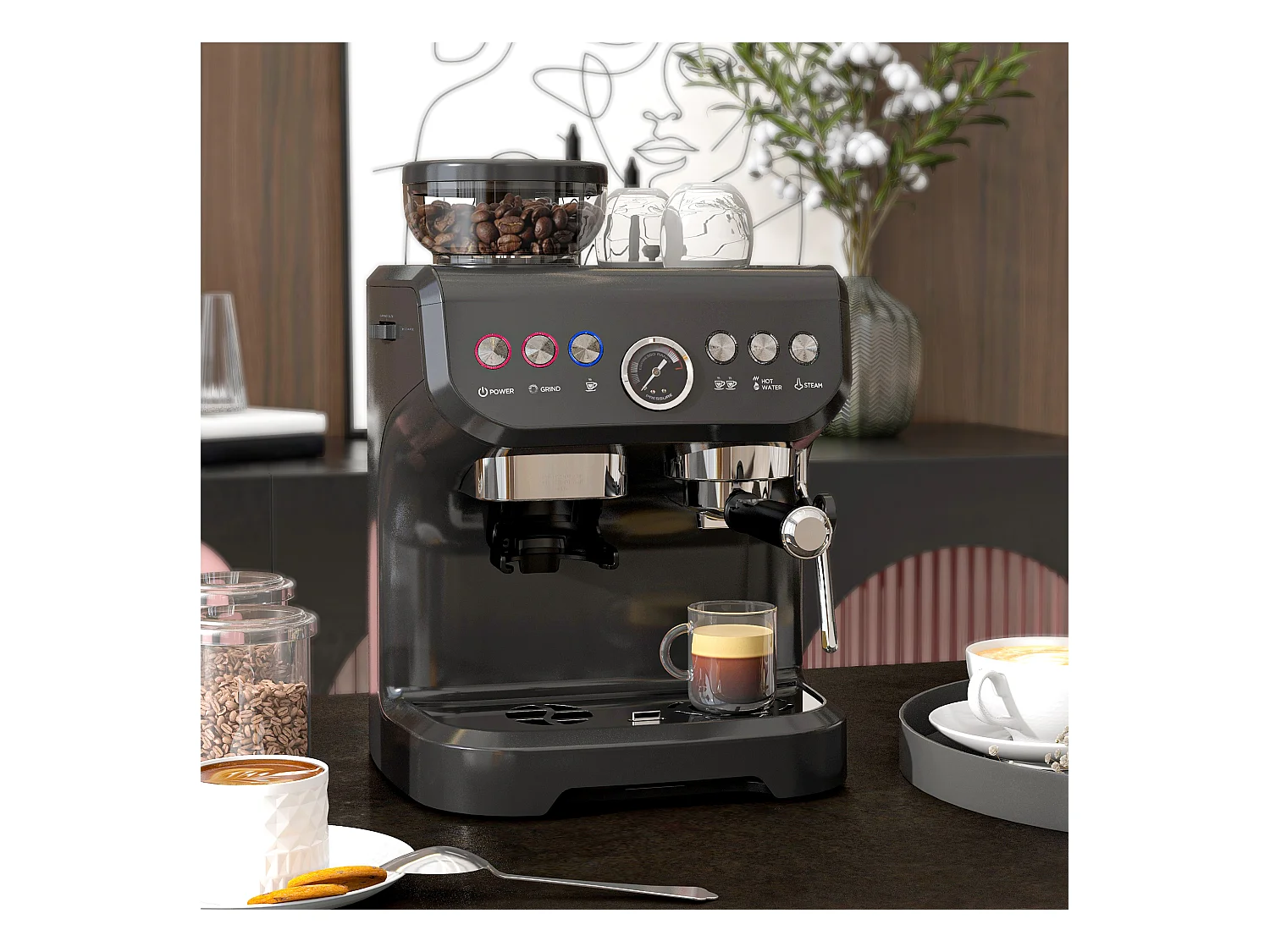 Machine à café à grain - machine à expresso 1600W 15 bars 1 ou 2 tasses réservoir  2L acier inox noir