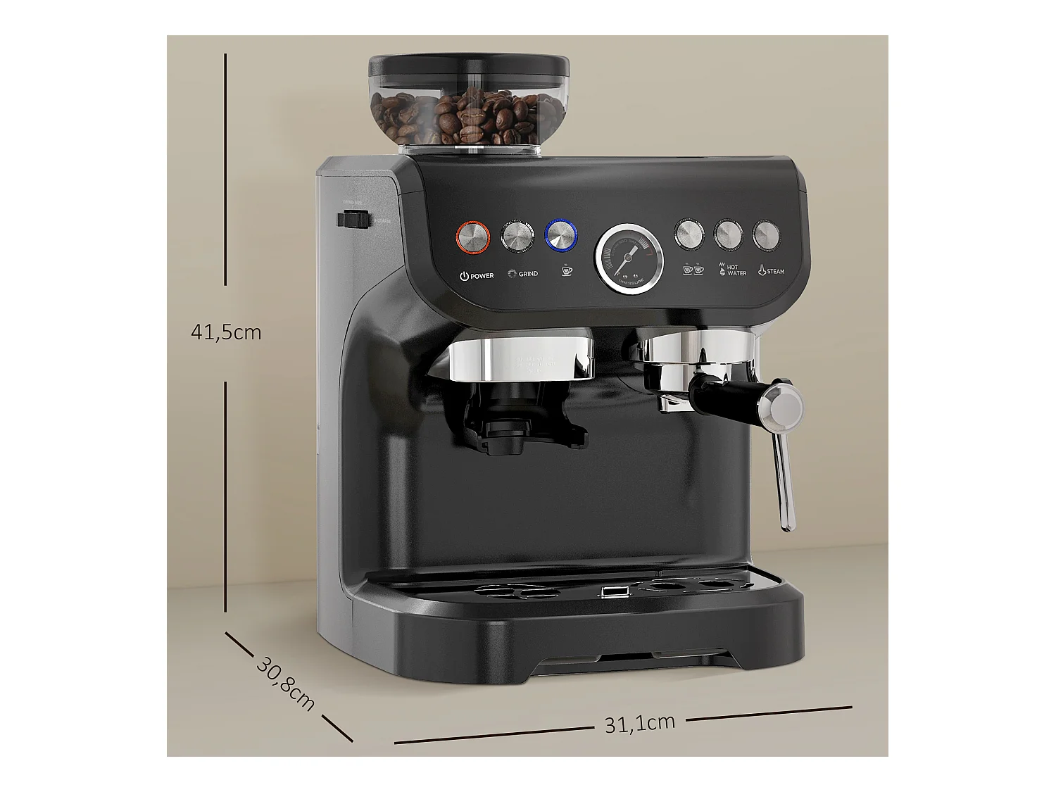 Machine à café à grain - machine à expresso 1600W 15 bars 1 ou 2 tasses réservoir  2L acier inox noir