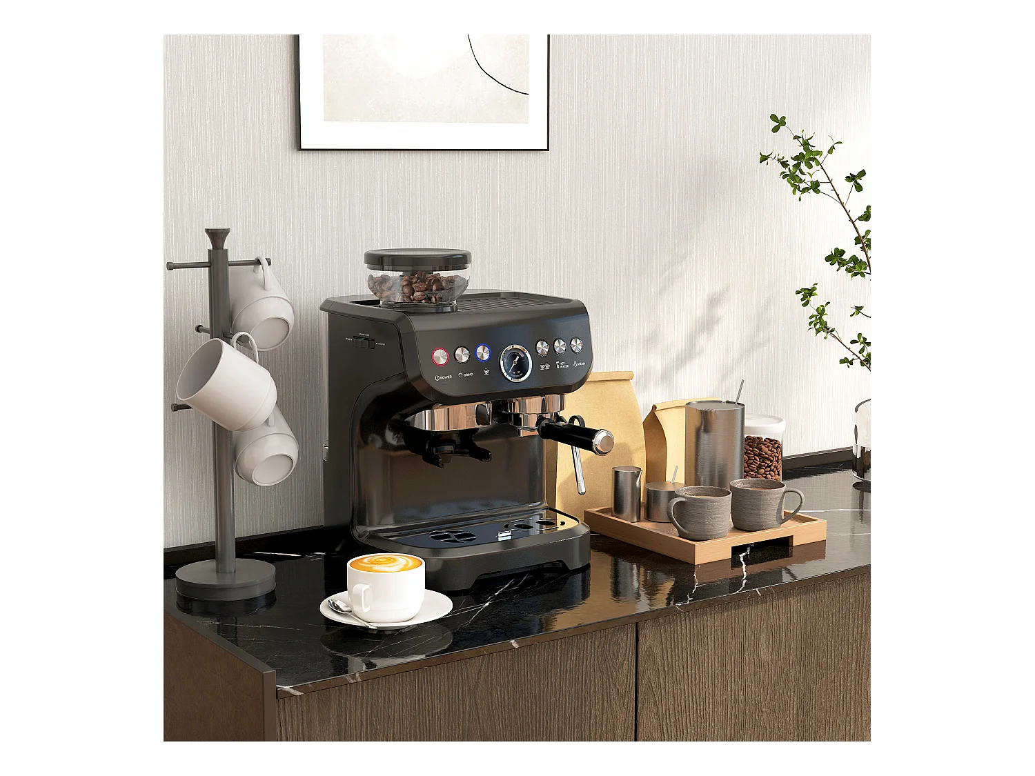 Machine à café à grain - machine à expresso 1600W 15 bars 1 ou 2 tasses réservoir  2L acier inox noir