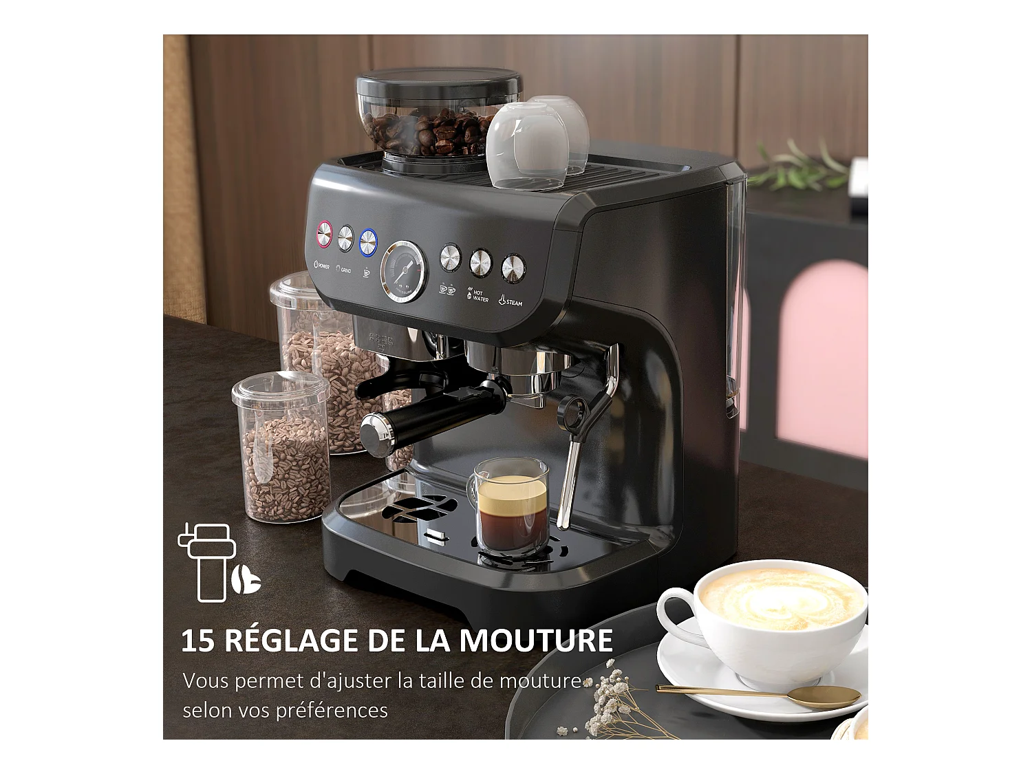 Machine à café à grain - machine à expresso 1600W 15 bars 1 ou 2 tasses réservoir  2L acier inox noir