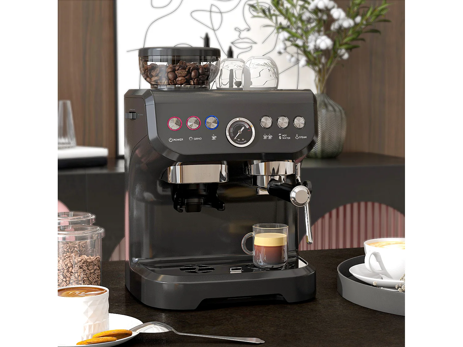 Machine à café à grain - machine à expresso 1600W 15 bars 1 ou 2 tasses réservoir  2L acier inox noir