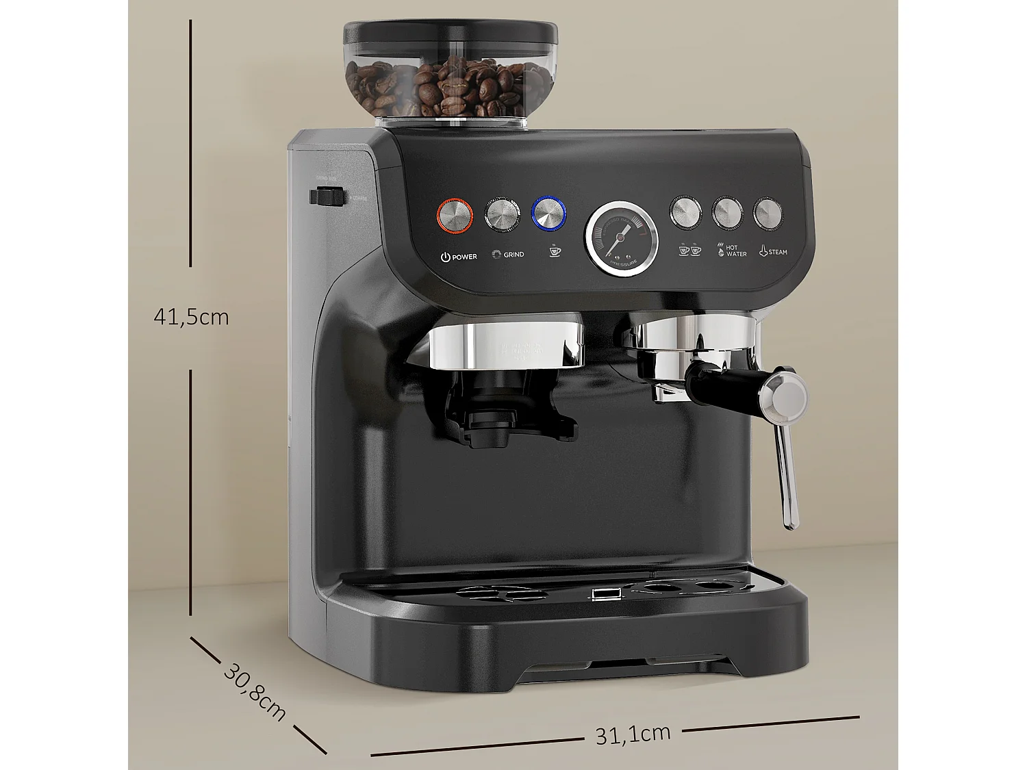 Machine à café à grain - machine à expresso 1600W 15 bars 1 ou 2 tasses réservoir  2L acier inox noir