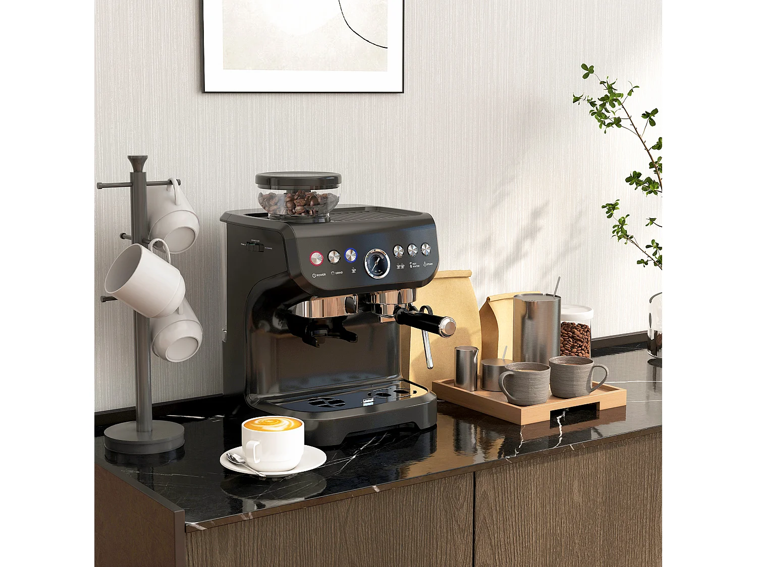 Machine à café à grain - machine à expresso 1600W 15 bars 1 ou 2 tasses réservoir  2L acier inox noir