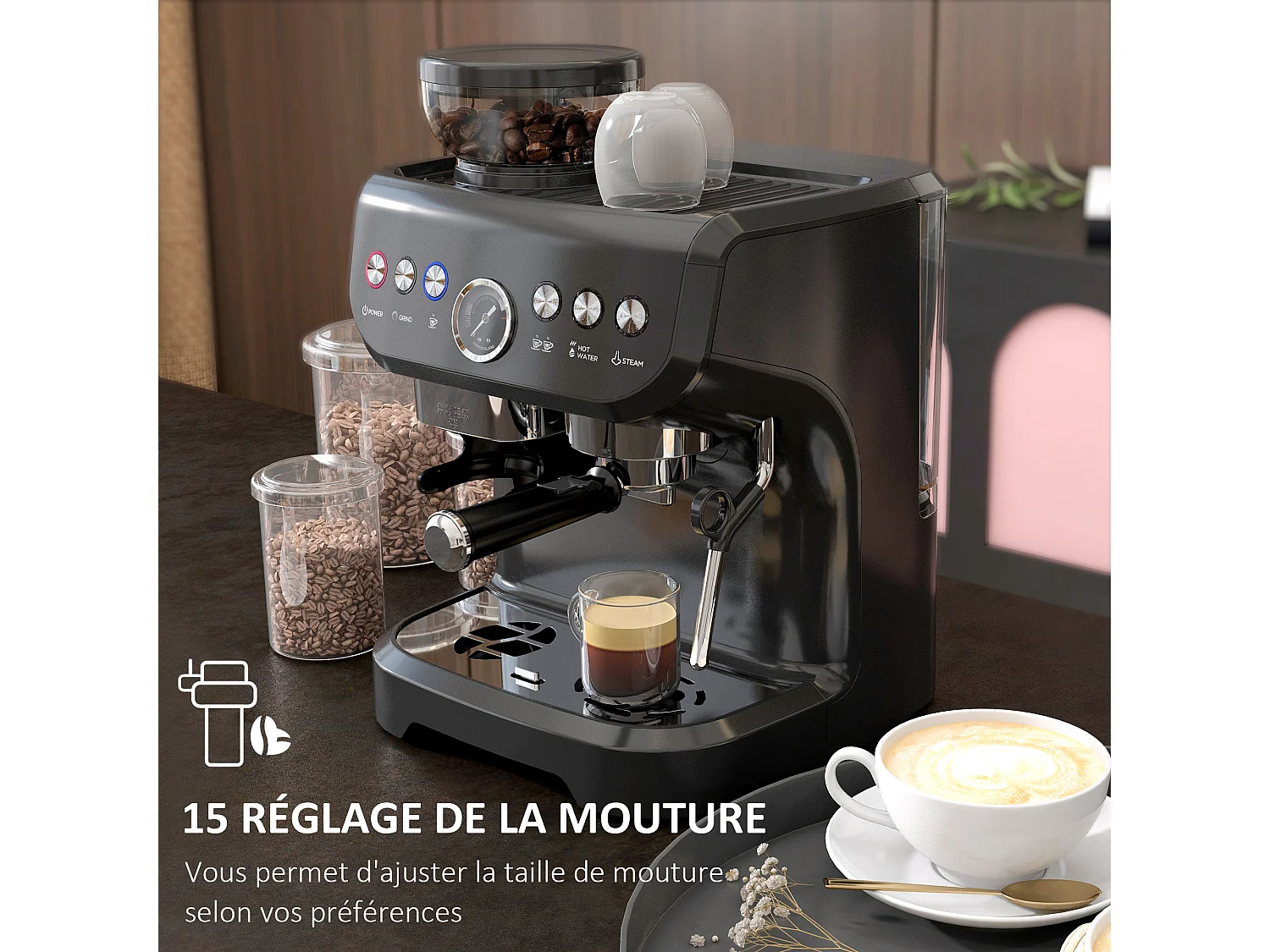 Machine à café à grain - machine à expresso 1600W 15 bars 1 ou 2 tasses réservoir  2L acier inox noir