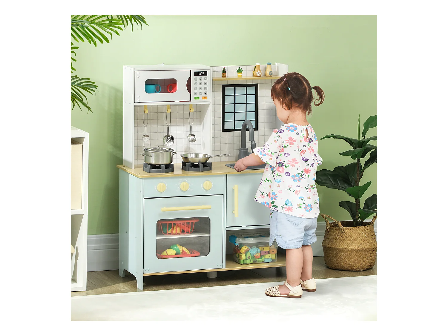 Cuisine enfant - jeu d'imitation cuisine en bois - micro-ondes, four, évier, plaques cuisson - 5 accessoires