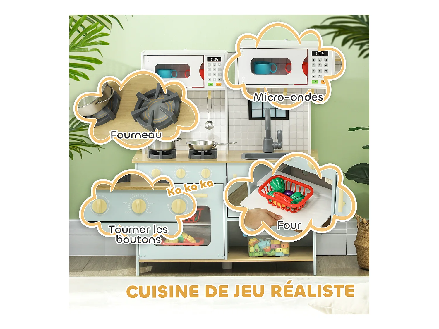 Cuisine enfant - jeu d'imitation cuisine en bois - micro-ondes, four, évier, plaques cuisson - 5 accessoires