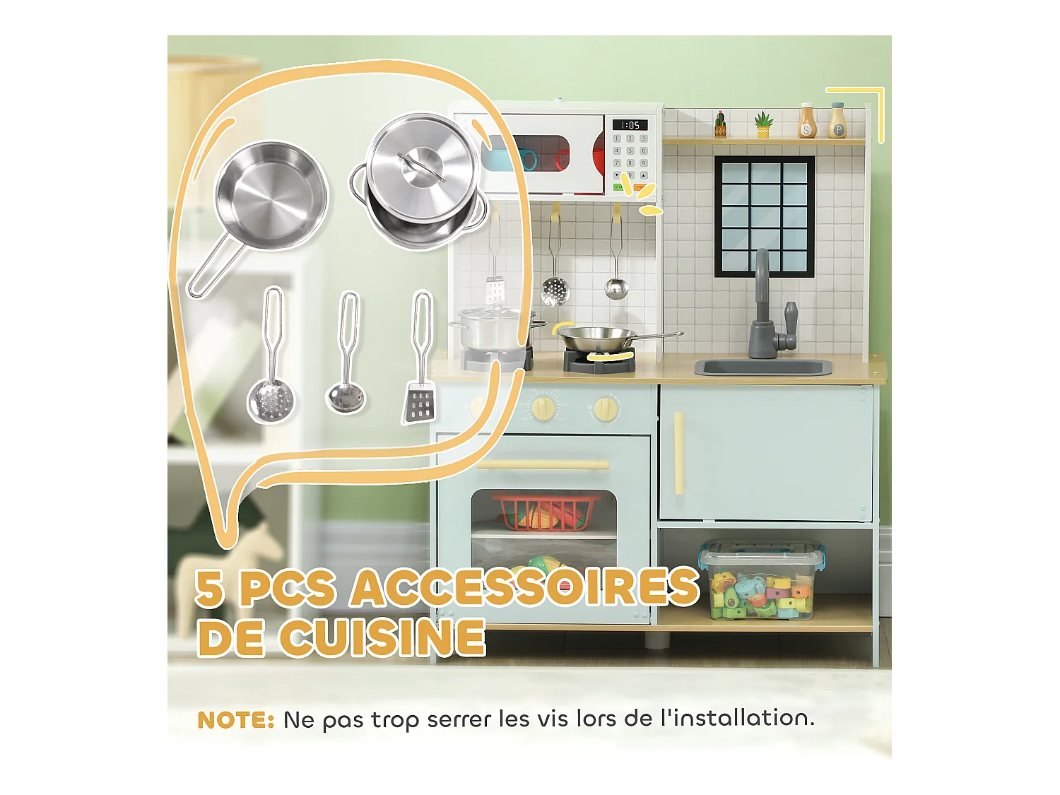 Cuisine enfant - jeu d'imitation cuisine en bois - micro-ondes, four, évier, plaques cuisson - 5 accessoires
