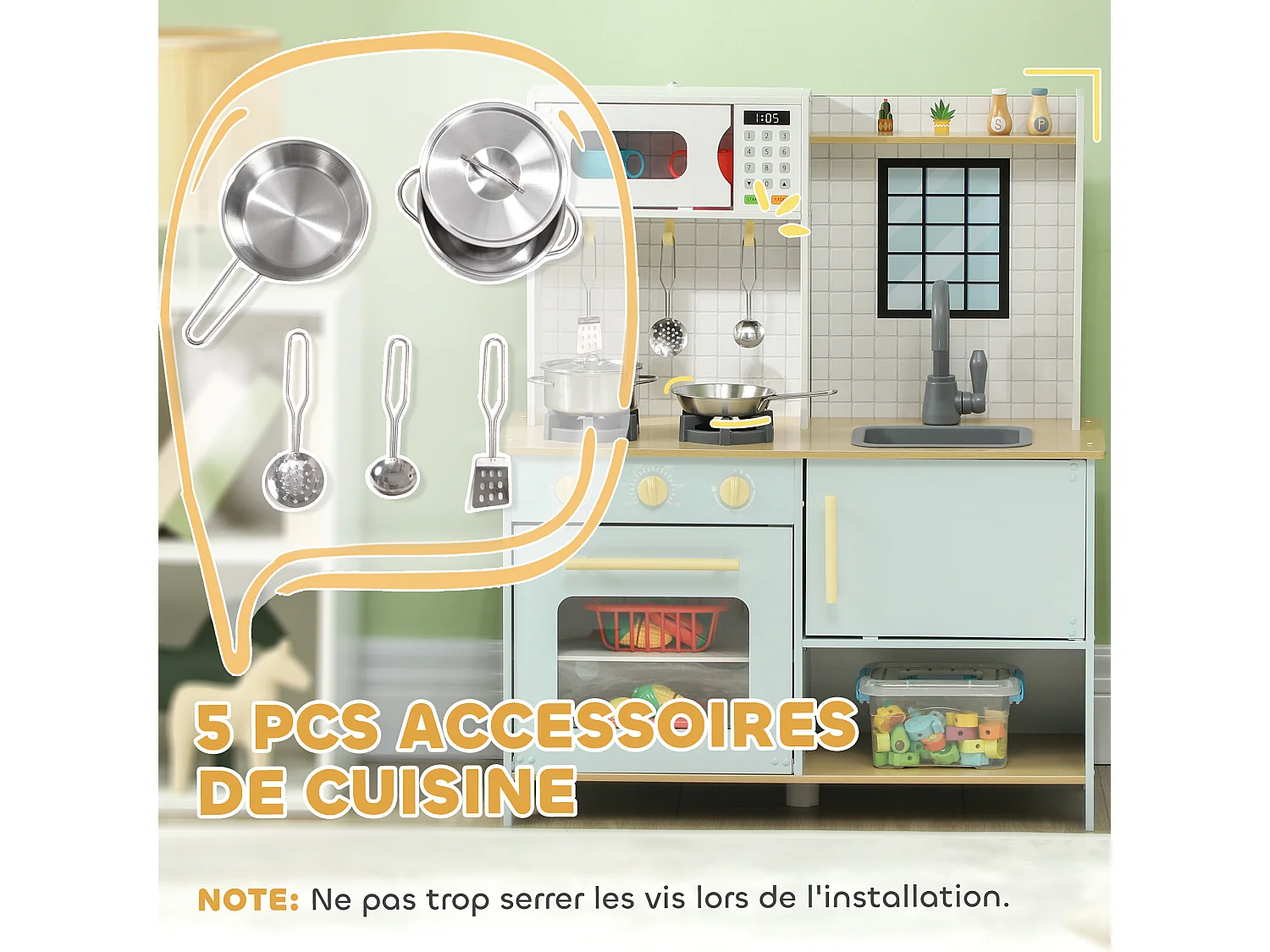 Cuisine enfant - jeu d'imitation cuisine en bois - micro-ondes, four, évier, plaques cuisson - 5 accessoires